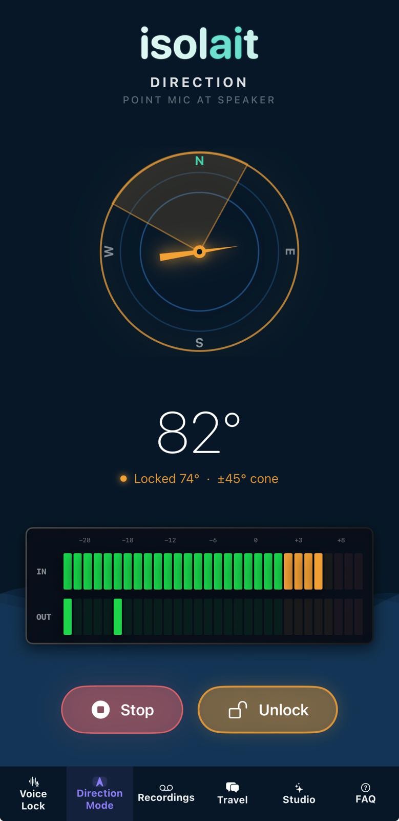 Isolait Direction screen showing a compass locked onto a heading, with a 45 degree cone