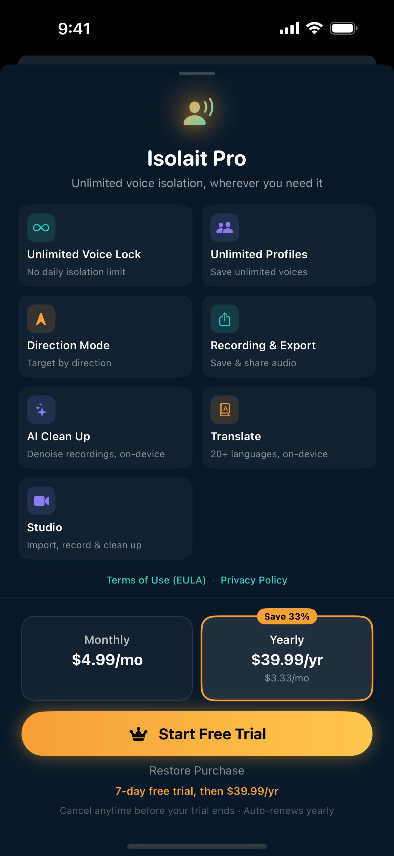 The actual Isolait Pro paywall screen in the app, with the Monthly (US$4.99/mo) and Yearly (US$39.99/yr, Save 33%) plan picker, the 7-day free trial, and the full feature grid including Studio