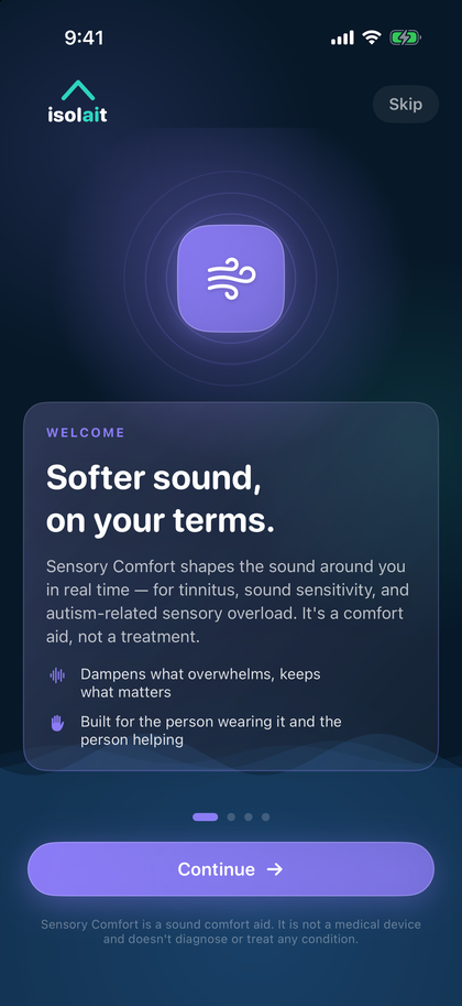 Sensory Comfort Welcome screen on iPhone