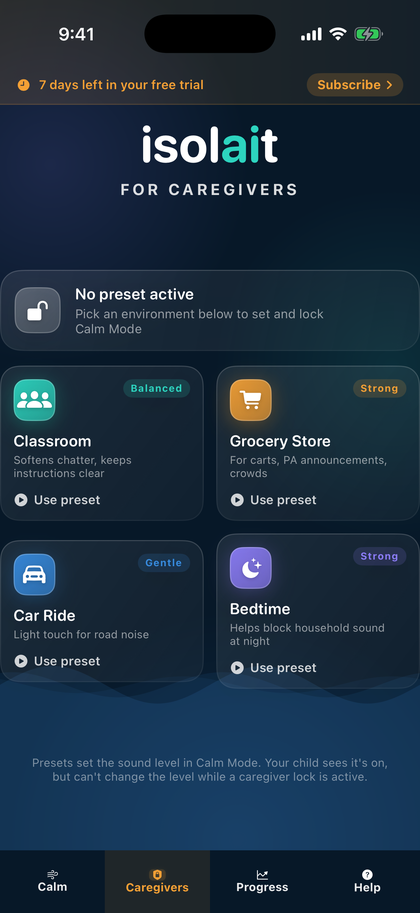Sensory Comfort Caregivers screen on iPhone