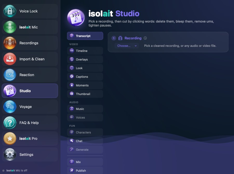 Isolait — Studio for Mac: the Studio workspace with Transcript, Timeline, Overlays, Look, Captions, Moments, Thumbnail, Music, Voices, Mix and Publish tools, and the sidebar listing Voice Lock, Isolait Mic, Recordings, Import & Clean, Reaction, Studio and Voyage